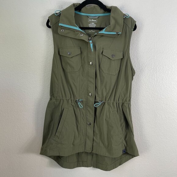 LL Bean Womens Large Utility Vest Soft Shell Lightweight Layer Cinch Waist Olive - Picture 2 of 9